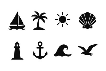 Fototapeta premium Coastal beach icons: sailboat, palm tree, sun, seashell, lighthouse, anchor, wave, seagull silhouettes