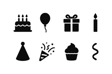 Celebration icons set: party, gift, balloon, cake, and more in bold silhouette style
