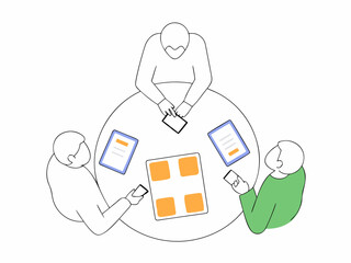 Team analysing customer feedback on mobile apps at shared table flat illustration.