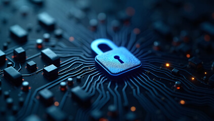 Conceptual digital privacy artwork showing macro perspective of a glowing lock icon integrated with metallic circuit patterns, symbolizing advanced cybersecurity and information safety.