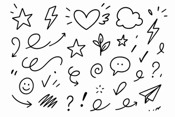 Hand-drawn Doodle Vector Set of Decorative Sketch Elements, Designed in a Playful Ink-Pen Doodle Style with Clean Black Outlines, Isolated on White Background
