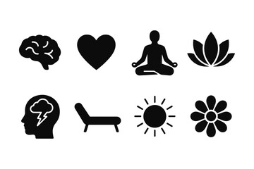 Mindfulness icons: meditation, wellness, relaxation, and nature symbols in minimalist style