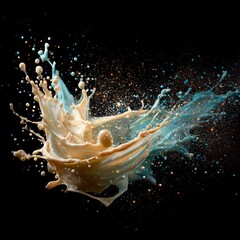 Abstract color splash with golden and blue glitter on black background. Dynamic fluid art for creative graphic design and visual effect.