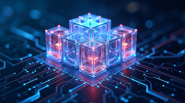 Futuristic digital visualization of a secure cloud system represented by glowing 3D cubes interconnected with fiber optics, highlighting protection, depth, and advanced infrastructure.