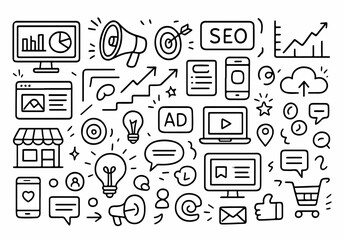 Hand-drawn Doodle Style Vector Set of Digital Marketing Icons, Black Outline Sketch Illustrations, Ideal for Both Digital and Print Use
