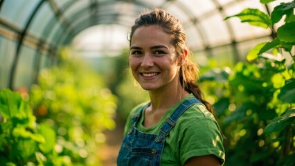 happy woman farmer gardening in glasshouse with copy space