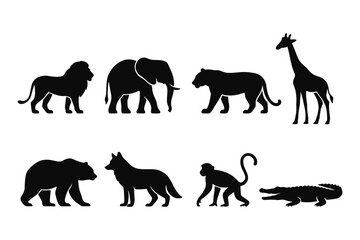 Fototapeta premium Animal silhouettes: lion, elephant, panda, giraffe, bear, dog, monkey, crocodile