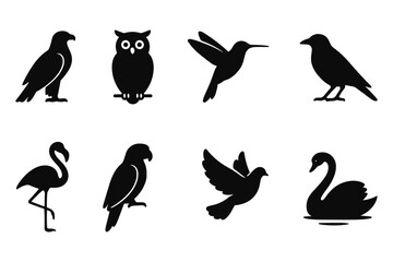 Fototapeta premium Silhouette birds collection: elegant designs of owls, swans, and more
