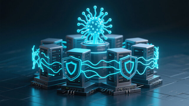 3D illustration of a protective AI neural network surrounding data servers with bright cyan glow against a dark gradient, representing fintech security, innovation, and technological advancement. - Powered by Adobe