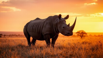 Obraz premium A big rhino silhouetted against the African sunset