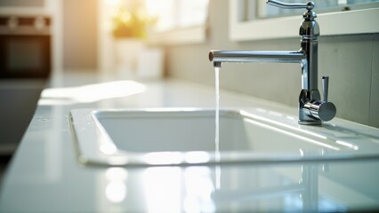 white kitchen faucet with running water