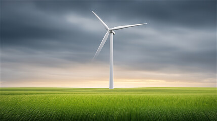 Obraz premium Single wind turbine standing in green field under cloudy sky, symbol of renewable energy, sustainability and clean environment.