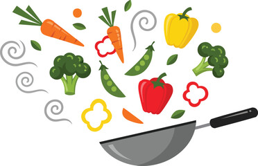 Wok Stir Fry Vegetables With Carrots Broccoli Bell Peppers And Peas On White Background With Swirls