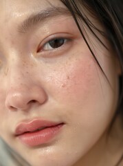 Fototapeta premium Close-up of a woman's face with glowing skin and subtle makeup.
