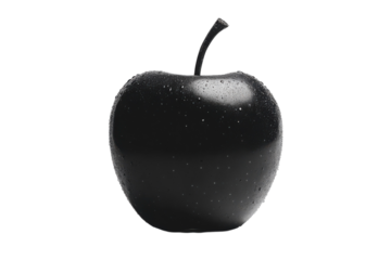 Glossy black apple with water droplets for healthy eating concepts on transparent background