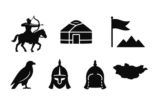 Nomadic culture symbols: archer, yurt, flag, mountains, eagle, helmets, mongolia map
