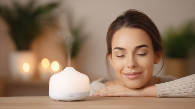 Woman resting head near aroma diffuser in cozy spa ambiance, concept of aromatherapy, mindfulness and relaxation.