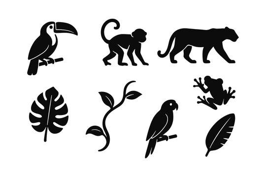 Silhouette tropical animals and plants set with toucan, monkey, and leopard