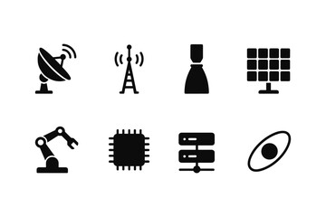 Fototapeta premium Modern technology icons: communication, robotics, and energy in minimalist style