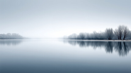 Fototapeta premium Serene misty lake landscape with bare trees reflecting on calm water under a soft foggy sky.