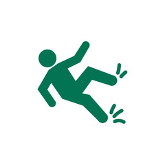 Falling green person silhouette pictogram. Caution sign. Isolated on white background. Vector illustration