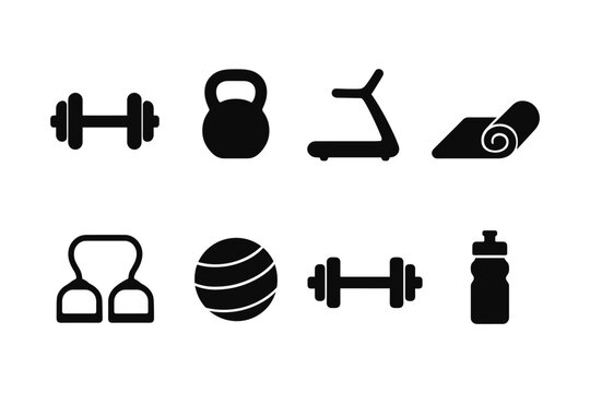 Fitness equipment icons in minimalist silhouette style for gym and exercise themes