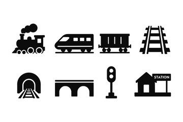 Train and railway silhouettes set: locomotive, carriage, tracks, and station icons
