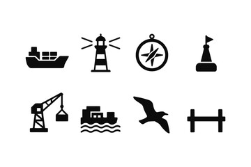 Nautical icons set featuring ships, lighthouse, compass, and crane in silhouette style