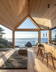 Obraz premium Peaceful A-frame cabin interior with ocean views. Comfortable minimalist sanctuary embraced by natural beauty and stunning scenery