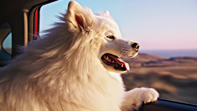 Happy dog in car with fur blowing in wind with open mouth and tongue out on road trip, animal enjoying ride, footage