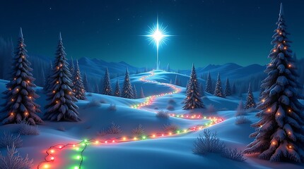 Christmas Nativity Scene with Star and Snowy Pine Trees at Night