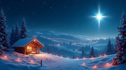 Christmas Nativity Scene with Star and Snowy Pine Trees at Night