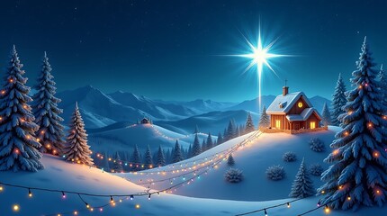Christmas Nativity Scene with Star and Snowy Pine Trees at Night