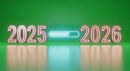 Glowing neon numbers 2025 and 2026 separated by a horizontal loading bar on a green reflective surface Keywords: 2025, 2026, progress bar, loading, transition, future,  numbers, glowing