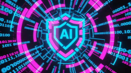 Abstract digital visualization of AI threat detection with geometric shapes morphing into shield icons amid streaming binary data in vivid electric blue and magenta tones for editorial design.