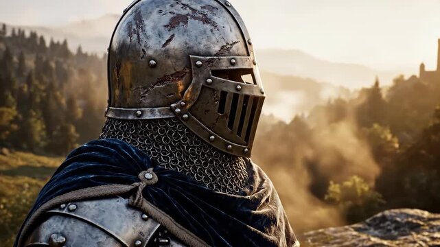 Knight in full armor observing sunset over medieval castle in a mountain valley, historical warfare concept, side view animation