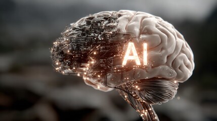AI Brain: A conceptual image showcases a human brain integrated with the concept of artificial intelligence, highlighting the intricate connections of technology and the human mind.