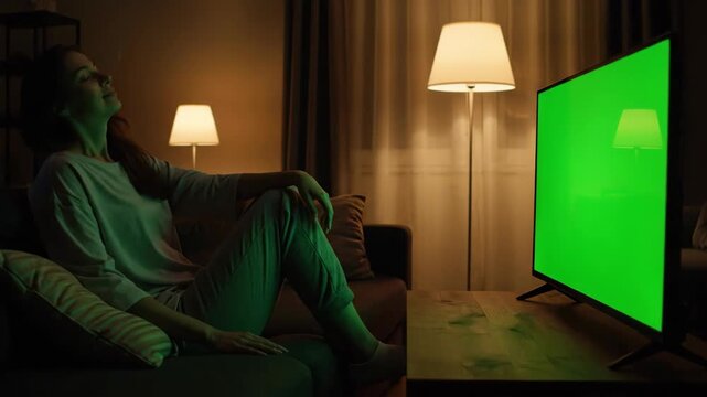 Woman watching television with a green screen in a dark room at night, for chroma key compositing video footage