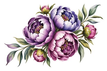 Beautiful watercolor peony bouquet with green leaves
