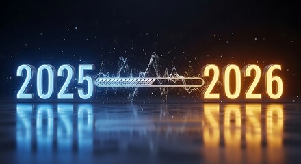 2025 transitioning to 2026 with a glowing progress bar and digital waveform on a dark background
