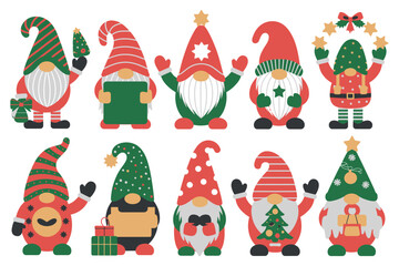 A collection of ten christmas gnomes with various holiday themed decorations