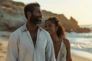 Obraz premium Portrait of a content afro-american couple in their 30s walking on beach