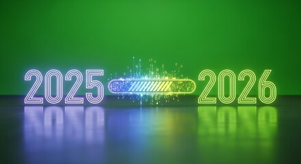 Neon Glowing Numbers 2025 and 2026 with a Digital Loading Bar in Between on a Green Background