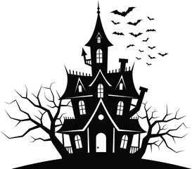 Halloween Castle vector illustration, A Modern Flat Vector of Haunted House and Flying Bats Silhouette in Clean Minimal Style