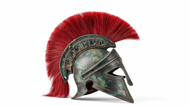 Aged bronze Corinthian helmet with red horsehair crest, realistic style, isolated on white. Concept of ancient Greek warrior armor