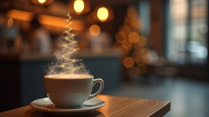 Christmas tree made of steaming coffee on coffee shop background. Christmas or New Year celebration concept. Copy space. AI generated