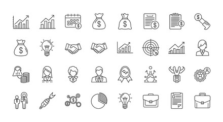 A comprehensive set of thin line icons representing business, finance, strategy, and success on a white background.