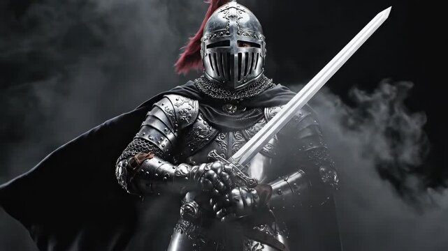 Knight with sword standing in full knight battle armor holding medieval weapon. War history footage.