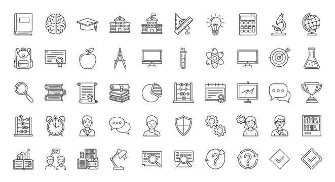 A comprehensive collection of educational and learning icons, presented in a clean, line-art style on a white background.