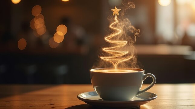 Christmas tree made of steaming coffee on coffee shop background. Christmas or New Year celebration concept. Copy space. AI generated